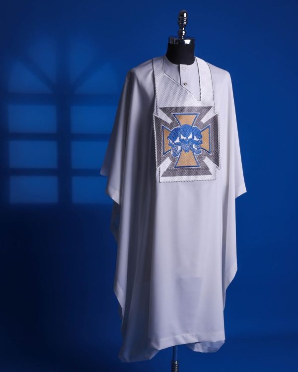 A White, “Skulls Bones” Embroidery Details Agbada