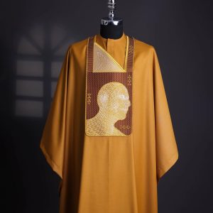 A Tawny brown, “Head Algorithm Mapping ” embroidery details agbada, 3/4 sleeve kaftan & sokoto