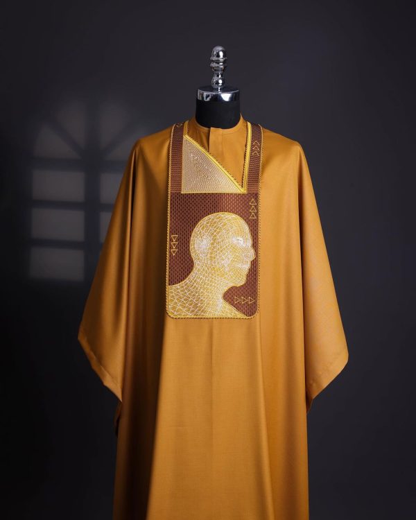 A Tawny brown, “Head Algorithm Mapping ” embroidery details agbada, 3/4 sleeve kaftan & sokoto