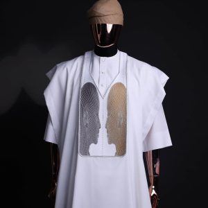 A White, Machine (Artificial Intelligence) vs Man embroidery details agbada