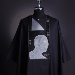 A Charcoal Black, “Head Algorithm Mapping ” embroidery details agbada