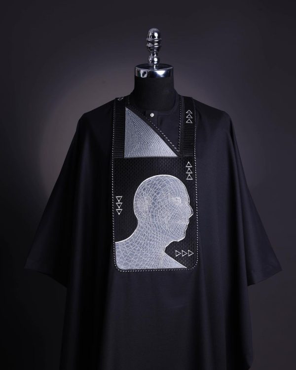 A Charcoal Black, “Head Algorithm Mapping ” embroidery details agbada