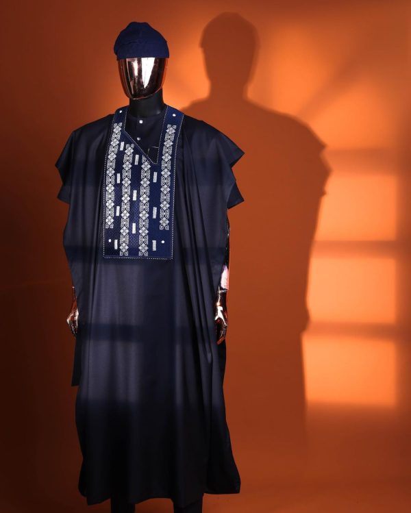 A Midnight blue, shattered interwoven embroidery with Swarovski stones details Agbada