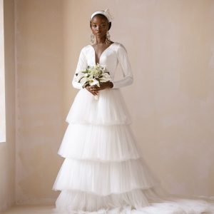 Mikado Satin Tiered Long Sleeve Tulle Bridal Dress/Gown