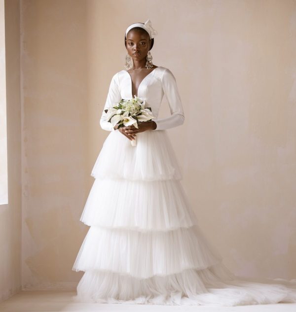 Mikado Satin Tiered Long Sleeve Tulle Bridal Dress/Gown